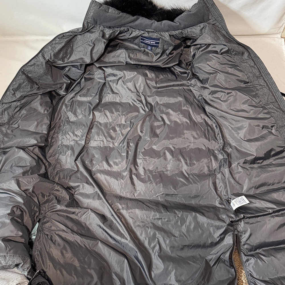 Lands' End Charcoal Puffer Coat with Faux Fur hood - Picture 8 of 9